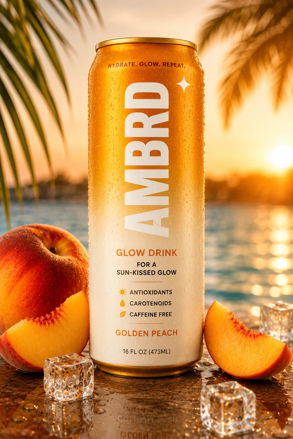 AMBRD Golden Peach glow drink can in matte gold and cream