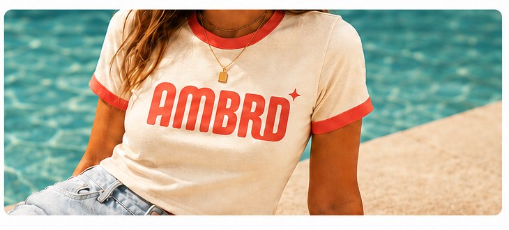 Friend in an AMBRD tee by the pool on a bright summer afternoon